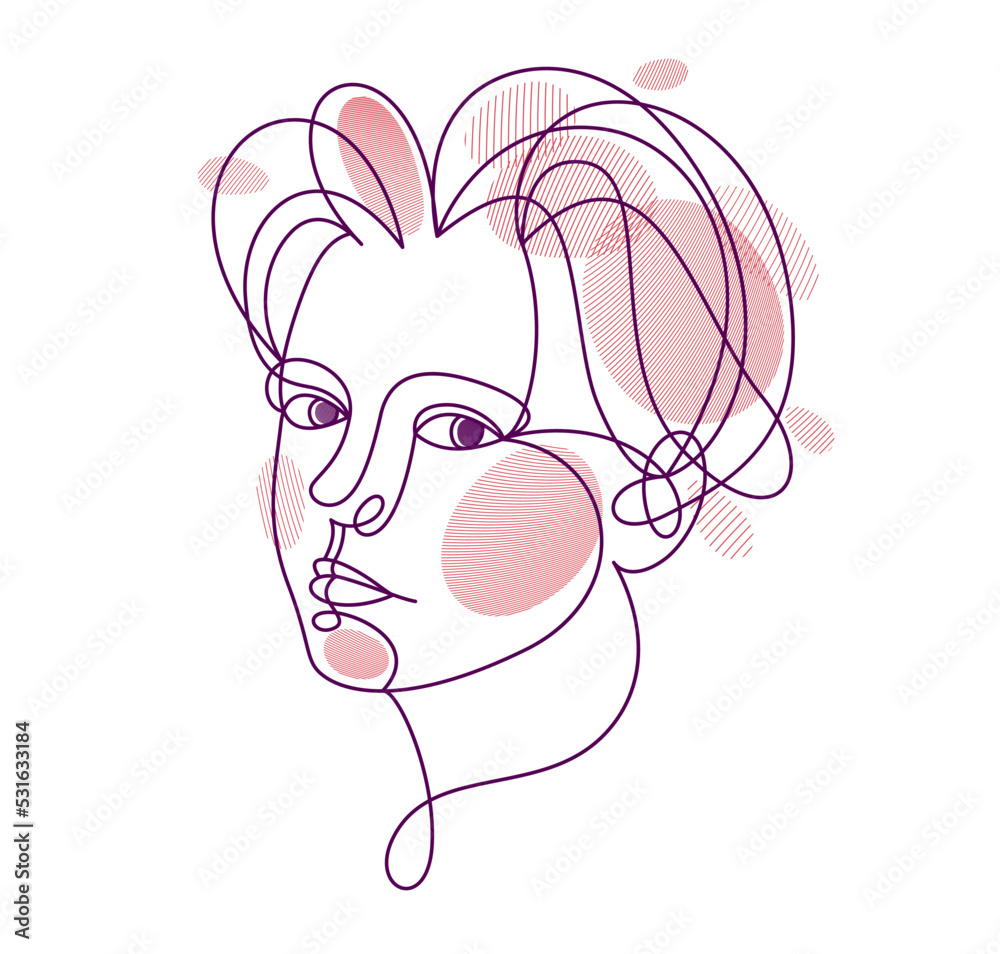 Beautiful face of attractive woman vector linear drawing, sensitive emotional line art adult girl portrait, feminine abstract face line art.