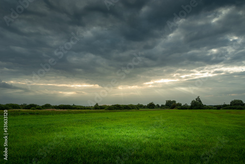 Lumen of sunlight on a cloudy sky and a green meadow