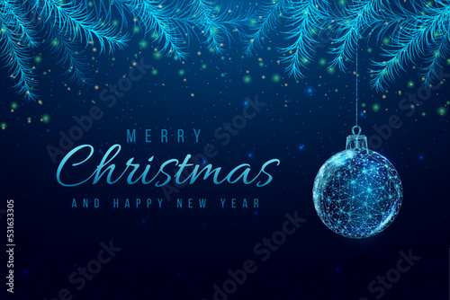 Wireframe Christmas ball and Christmas tree branches, low poly style. New Year banner. Abstract modern 3d vector illustration on blue background.