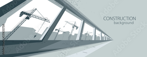 Construction vector illustration, unfinished building interior in progress and cranes beyond the window builds skyscrapers, rising city, industry.