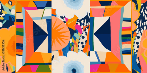 Hand drawn floral geometric ethnic style pattern. Dynamic multicolor abstract shapes. Fashionable template for design. Mixed style.