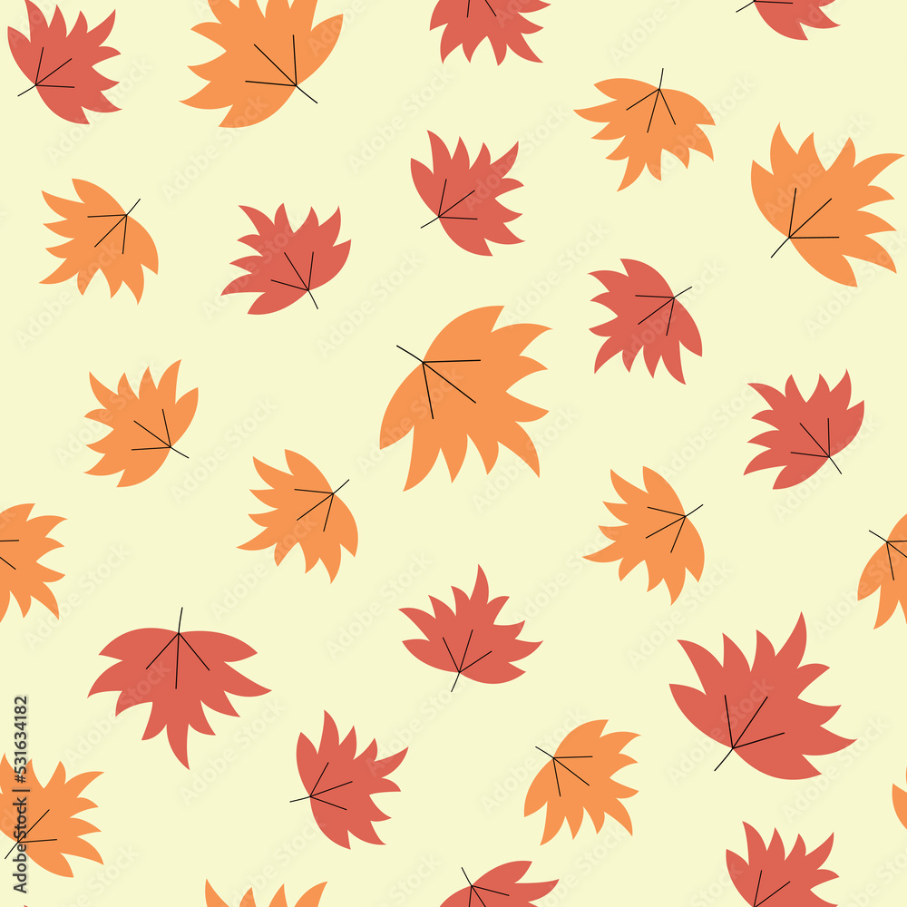 Vector cartoon autumn minimal yellow and red maple leaves seamless pattern, cute doodle wallpaper illustration