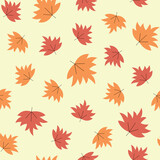 Vector cartoon autumn minimal yellow and red maple leaves seamless pattern, cute doodle wallpaper illustration
