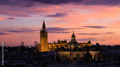 Panorama view of  the Seville Cathedral  Catedral de Santa Maria de la Sede de Sevilla  view from the observation platformcity skyline with sunset view  Seville Cathedral  Spain