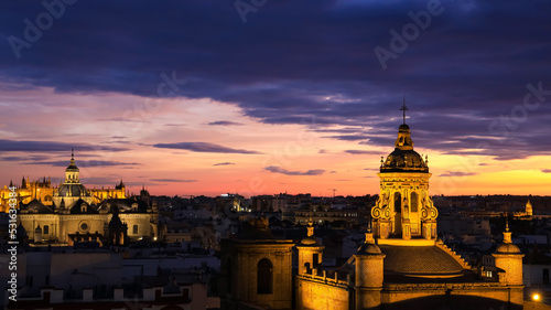 The sunset view of Seville Cathedral (Catedral de Santa Maria de la Sede de Sevilla) view from the observation platformcity skyline with sunset view Seville Cathedral ,Spain