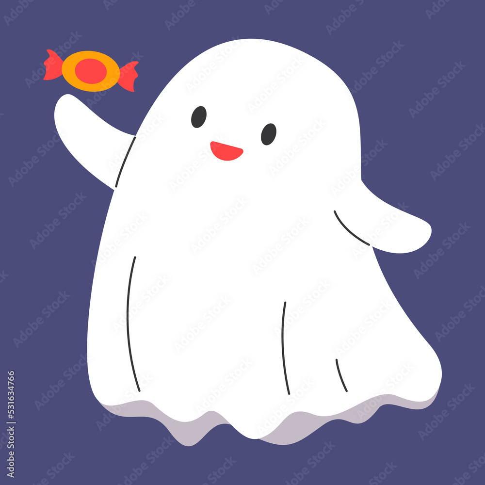Cute ghost holding wrapped candy. Illustration of a funny halloween character with a sweet, october holiday party design element. Cute ghost holding wrapped candy. Illustration of a funny halloween character with a sweet, october holiday party design element.