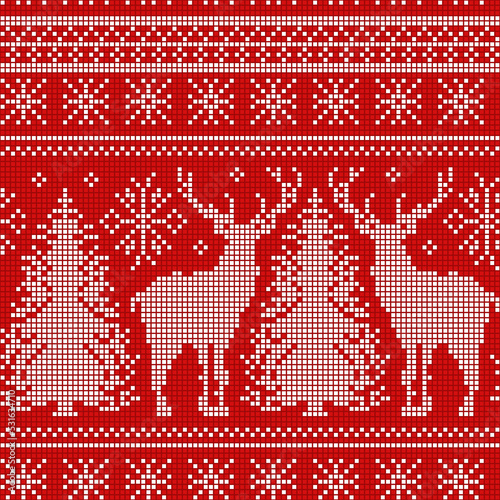 Seamless pixel art pattern with deers, Christmas trees and snowflakes. Design for paper, textile and decor. Vector illustration.