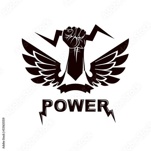 Winged clenched fists of angry people vector emblem. Power and authority conceptual illustration, nonconformist idea.