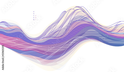 Abstract oriental Japanese art vector background, traditional style design, wavy shapes and mountains terrain landscape, runny like sea lines.