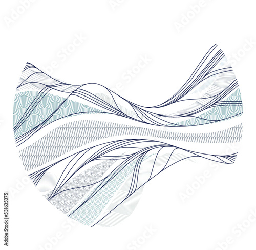 Abstract oriental Japanese art vector background in a shape of circle, traditional style design, wavy shapes and mountains terrain landscape, runny like sea lines.