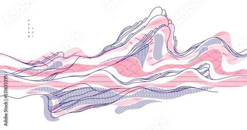 Nature art oriental Japanese style vector abstract background, runny like water shapes and lines with textures.