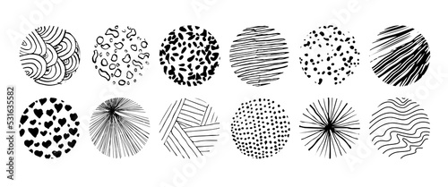 Set of round abstract black hand drawn doodle shapes. Spots, drops, curves, lines. Backgrounds in the form of a circle of spots, lines, splashes, stripes and dots.