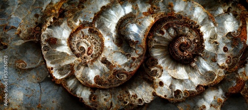 Elaborate and unique calcified ammonite sea shell spirals embedded into rock. Prehistoric fossilized beauty of an ancient past with colorful pearlescent texture and surface patterns art. © SoulMyst