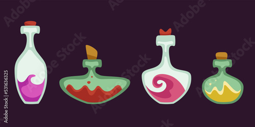 Set of different potion flasks. Halloween design elements in cartoon style.