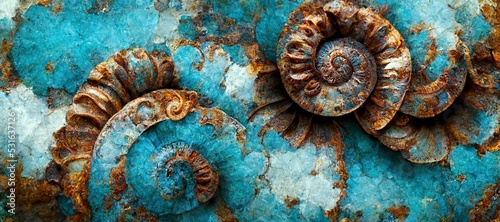 Foto Elaborate and unique calcified ammonite sea shell spirals embedded into rock
