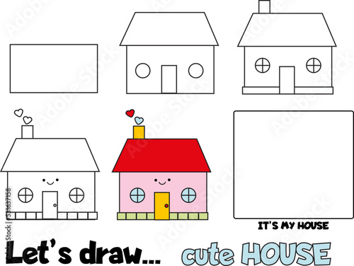 Drawing tutorial for children. Printable creative activity for kids. How to draw cute house step by step © ksuklein