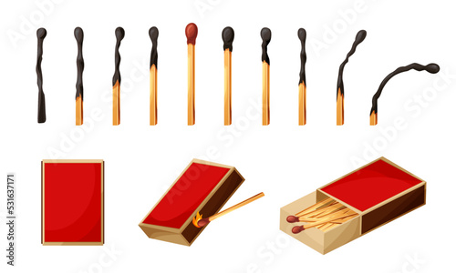 Match box with burnt sticks. Set of matchsticks with sulfur head flaming stages from ignition to extinction. Cartoon spark bonfire vector illustration
