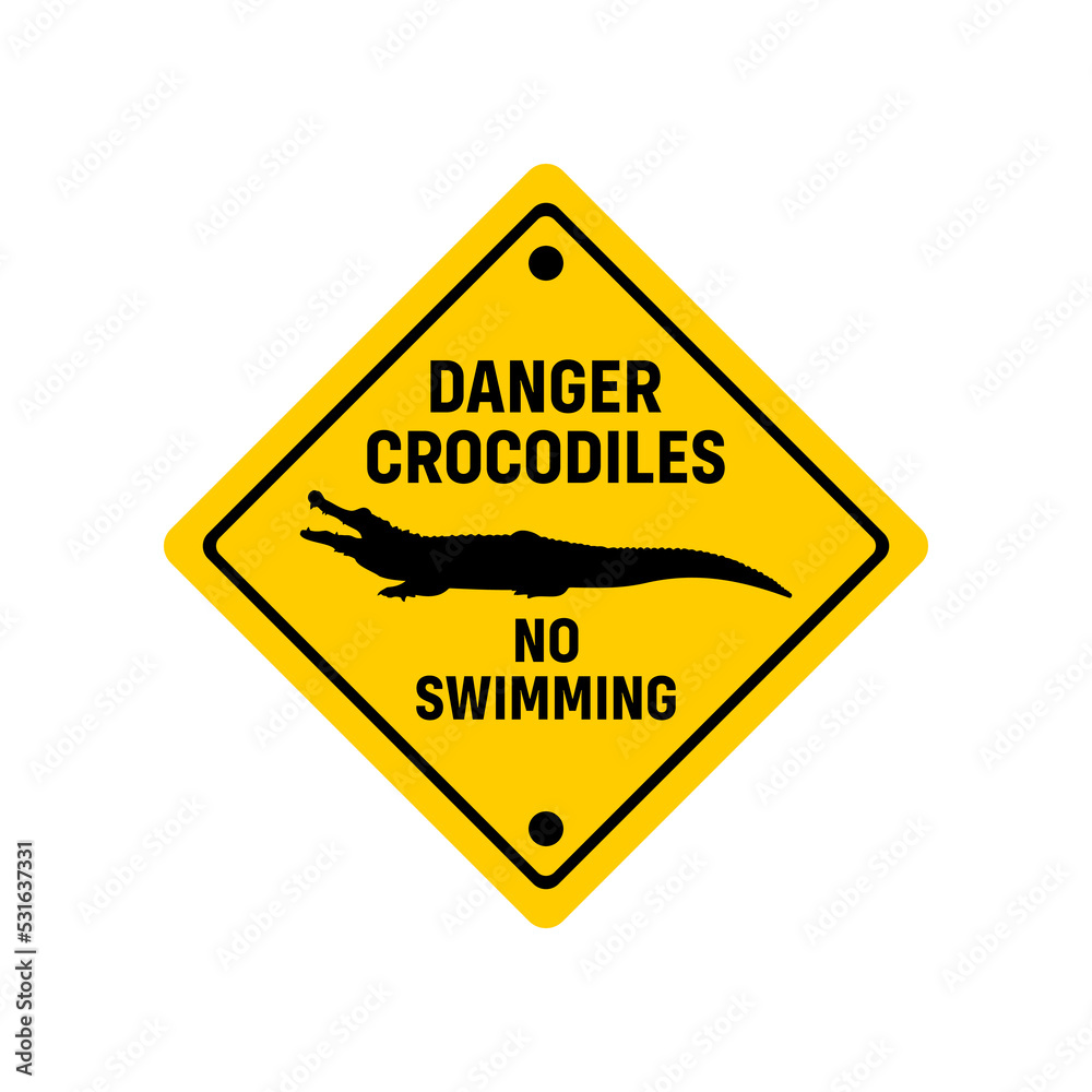 Danger Crocodiles Sign or No Swimming Sign Plate Isolated on White Background. Crocodile hazard safety sign template. Caution wild dangerous animals. caimans warning sign. Danger Crocodiles Sign or No Swimming Sign Plate Isolated on White Background. Crocodile hazard safety sign template. Caution wild dangerous animals. caimans warning sign.