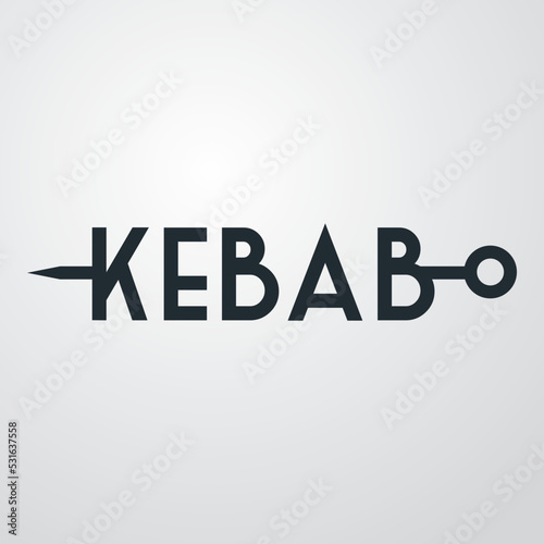 Comida rápida. Restaurante tradicional turco. Logotipo con texto Kebab como brocheta en fondo gris