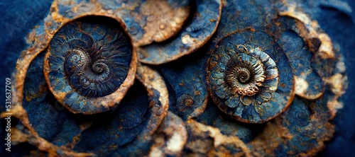 Elaborate and unique calcified ammonite sea shell spirals embedded into rock. Prehistoric fossilized beauty of an ancient past with colorful iridescent texture and surface patterns art.