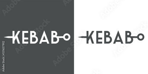 Comida rápida. Restaurante tradicional turco. Logotipo con texto Kebab como brocheta en fondo gris y fondo blanco