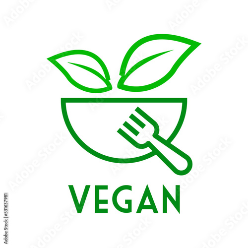 Concepto dieta vegana verde. Logo con texto Vegan con silueta lineal de hojas de planta en bol con tenedor