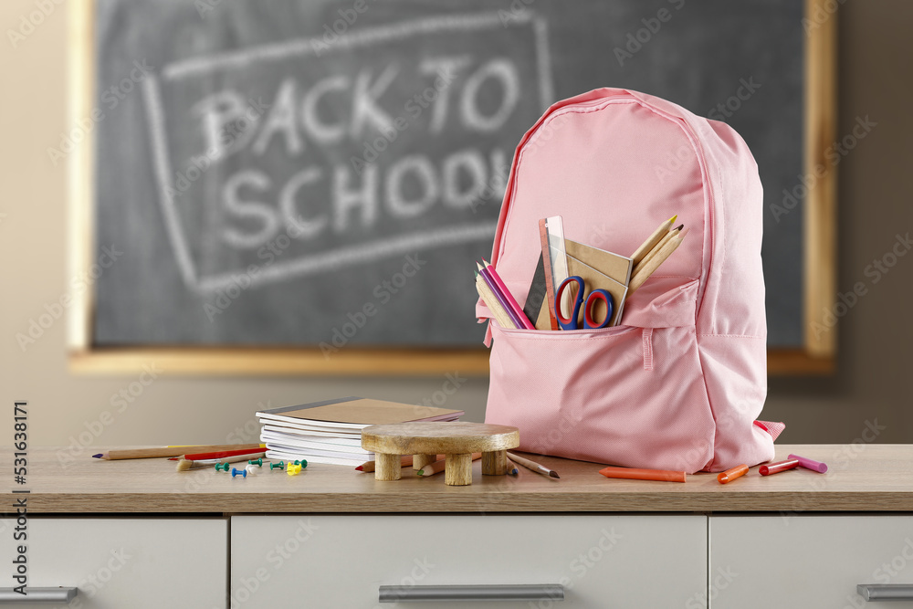 Desk of free space and school interior with school backpack. Desk of free space and school interior with school backpack.