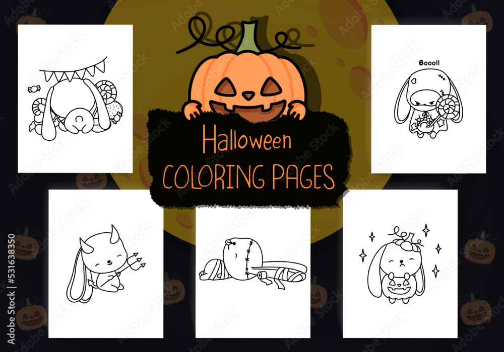 Cute Halloween Coloring Pages Pack. Set of Clipart Halloween Rabbit for Coloring Page. Doodle ...