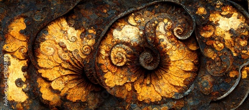 Elaborate and unique calcified ammonite sea shell spirals embedded into rock. Prehistoric fossilized beauty of an ancient past with colorful iridescent texture and surface patterns art.
