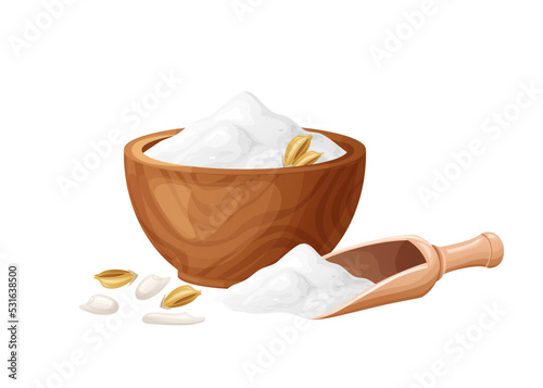 Rice flour in wooden bowl with seeds. Healthy gluten free food. PO7owed in organic product. Vector illustration isolated on white background