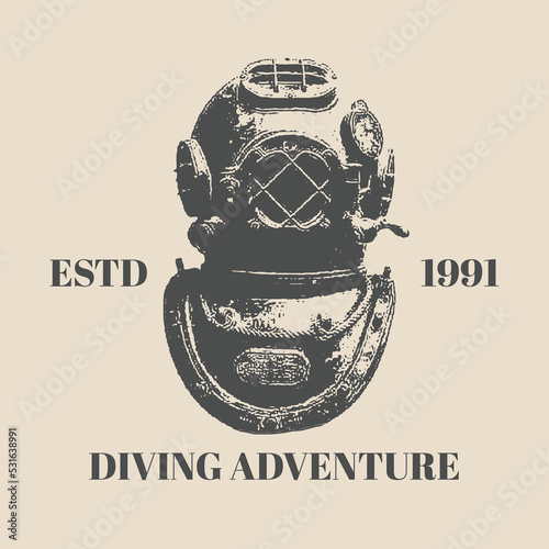 Logo vintage diving helmet Vector drawing of diving helmet in vintage retro style, isolated on cream background. Graphic illustration, hand drawing. Drawing for posters, decoration and print. template