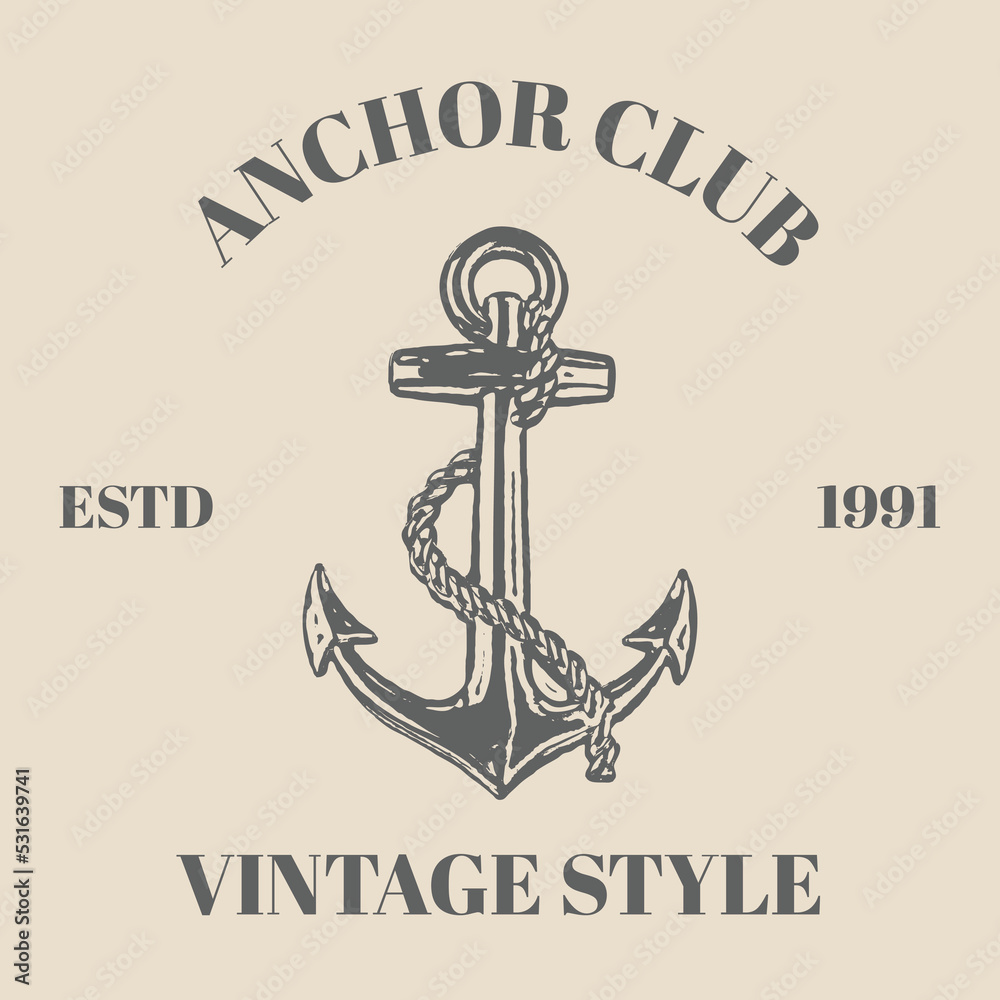 Logo Anchor isolated on cream background with retro vintage style. Vector vintage engraving illustration for tattoo, web and label. Hand drawn in a graphic style. template design Logo Anchor isolated on cream background with retro vintage style. Vector vintage engraving illustration for tattoo, web and label. Hand drawn in a graphic style. template design