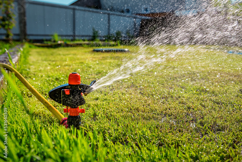 Automatic Garden Lawn sprinkler in action watering grass.