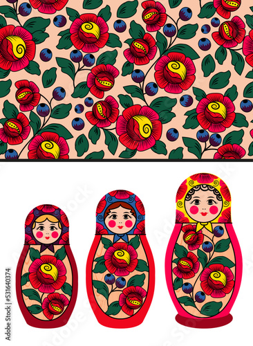 Polkhov-Maidan painting. Seamless Pattern. Nesting Doll. Vector Illustration.