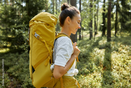 Side view of young pretty girl tourist with big yellow backpack on shoulders hiking in forest on sunny summer day. Tourism, adventures and hiking. Beauty of wild nature. Active leisure
