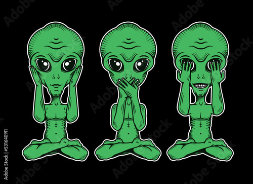 Three Wise Aliens. Hear No Evil, See No Evil, Speak No Evil. Vector  Illustration.
