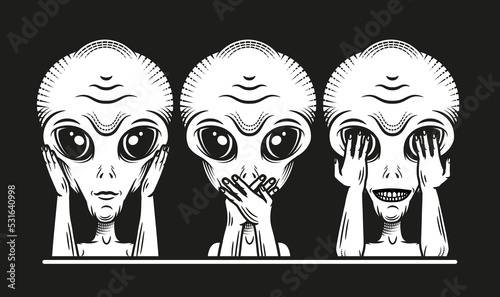 Three Wise Aliens. Hear No Evil, See No Evil, Speak No Evil. Vector Illustration.