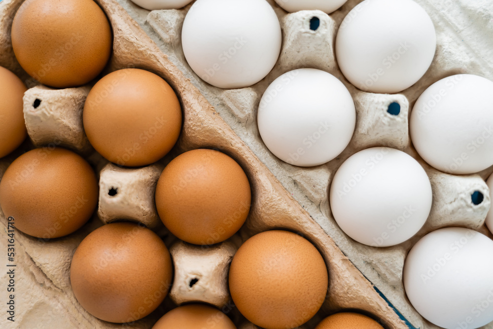 Top view of brown and white chicken eggs in carton trays. Top view of brown and white chicken eggs in carton trays.