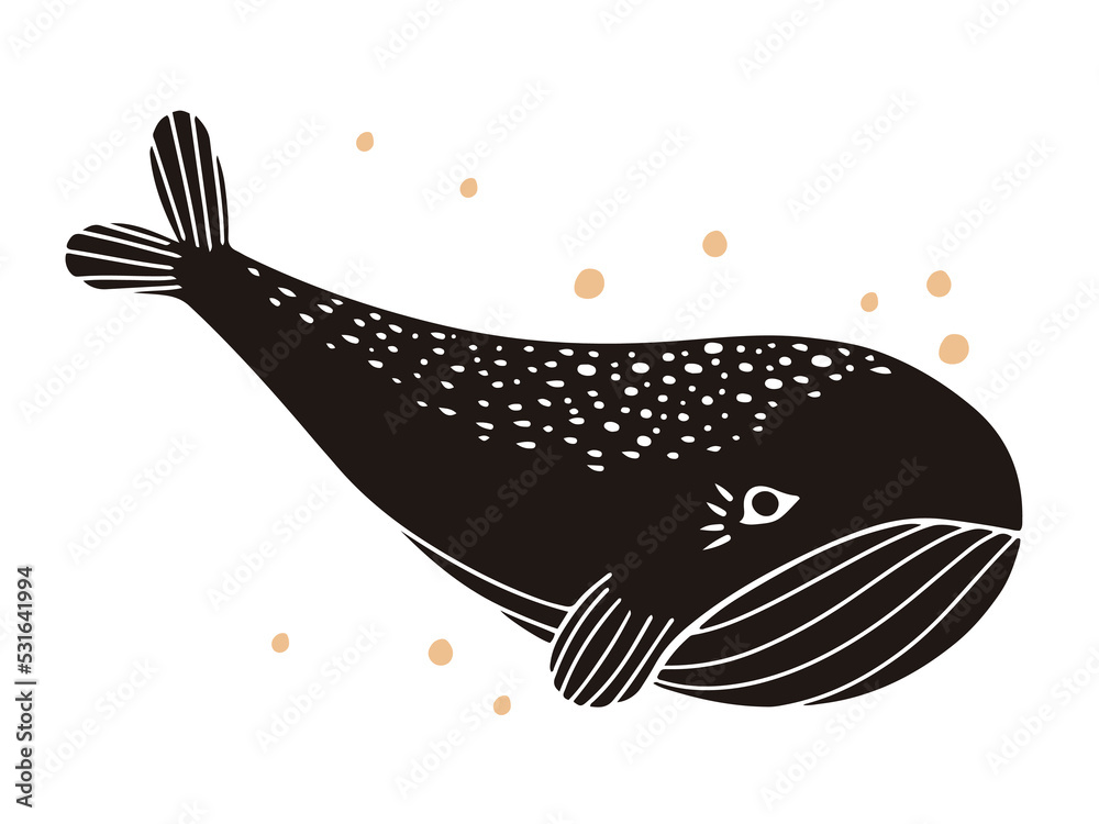 Hand drawn childish whale, made in linocut or woodcut style, flat