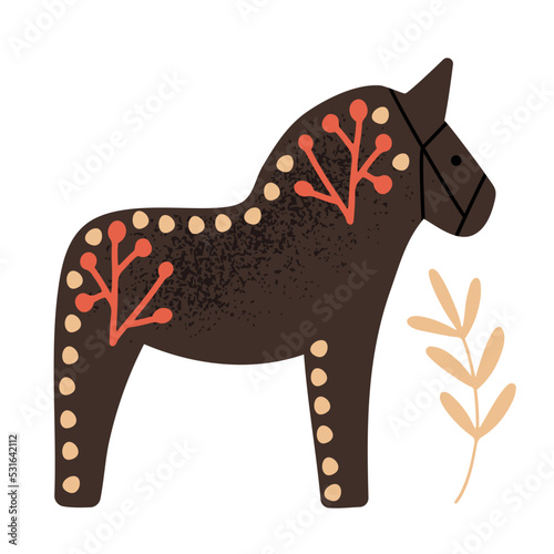 Hand drawn decorated with plants Swedish Dala horse,  isolated on white vector illustration in flat style