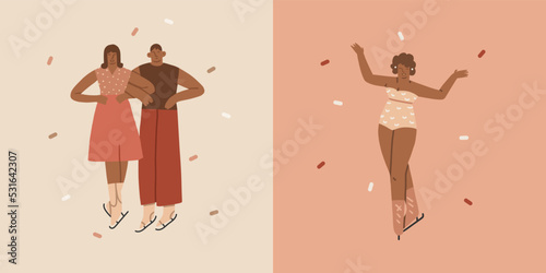 Hand drawn vector abstract graphic Merry Christmas and Happy new year illustration figure ice skating people.Christmas cute design background.Winter holiday art concept.Modern creative greeting card.