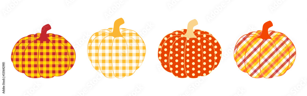 Pumpkins in Autumn different plaid and polka dots. Isolated elements on white. Clip art design for cards, invitations, decoration for Thanksgiving, Halloween, harvest season, scrapbooking, home decor.