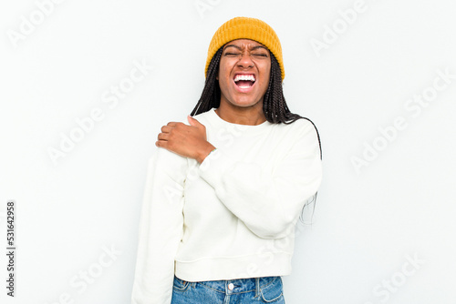 Young African American woman isolated on white background having a shoulder pain.