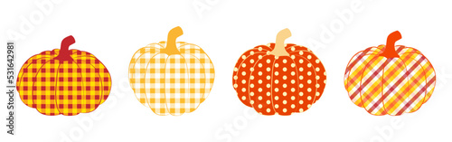 Pumpkins in Autumn different plaid and polka dots. Isolated elements on white. Clip art design for cards, invitations, decoration for Thanksgiving, Halloween, harvest season, scrapbooking, home decor.