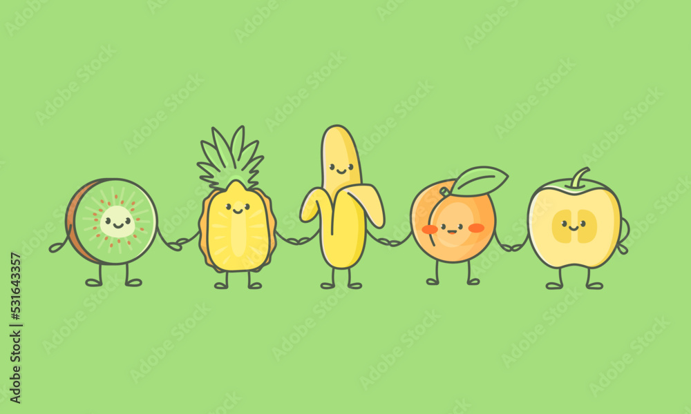 Naklejka premium Cute fruts go hand in hand after each other.