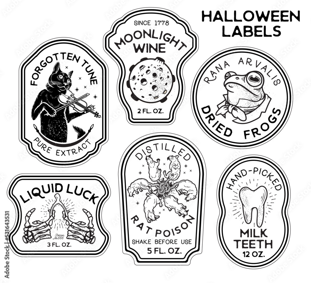 Halloween Bottle Labels and Potion Labels. Vector Illustration.