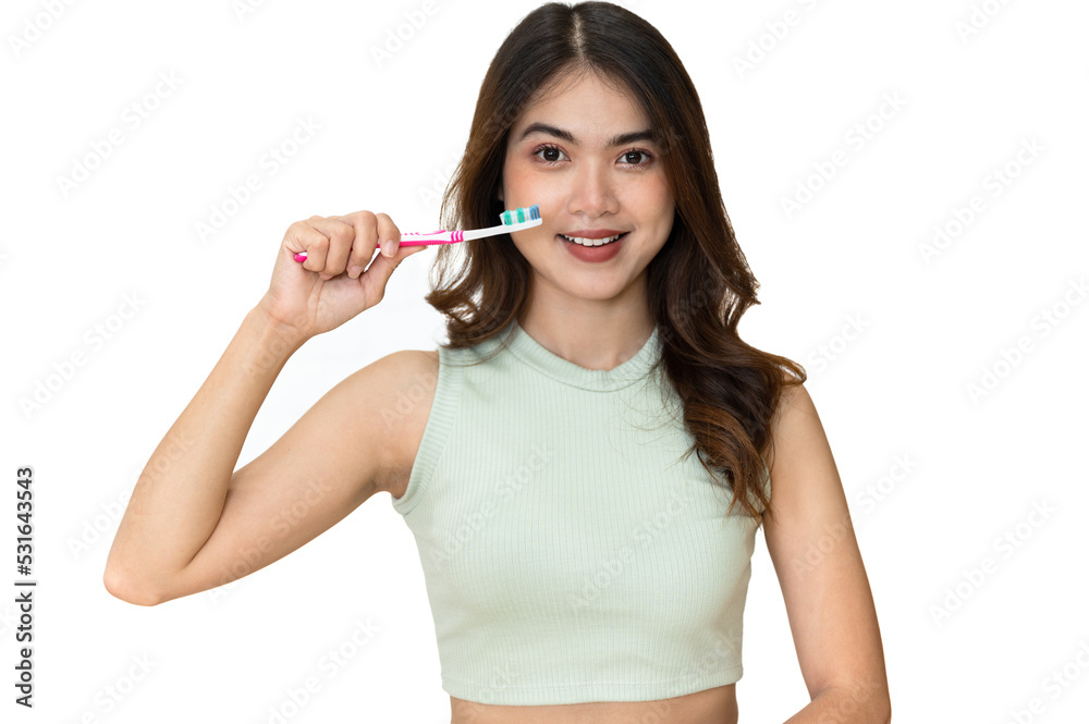 Woman holding tooth blush on isolated white background Woman holding tooth blush on isolated white background