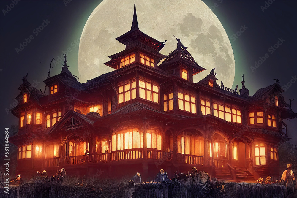 A large candlelight lit building, an old colonial house, and a full moon at night in the cemetery. Halloween horror house in the dark. 3D illustration and fantasy digital painting.