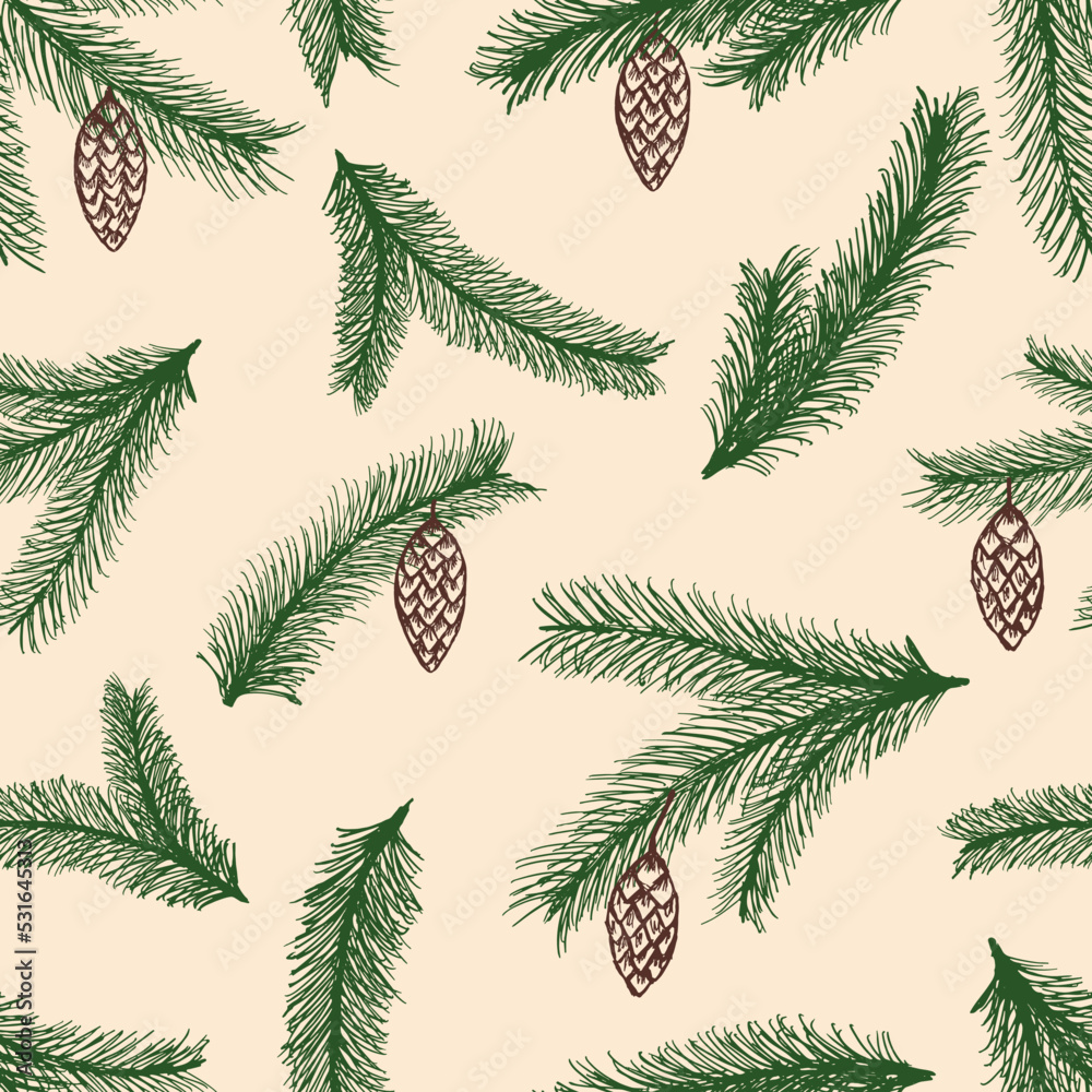 Hand drawn seamless pattern with spruce branches ans cones. Graphic colorful background.