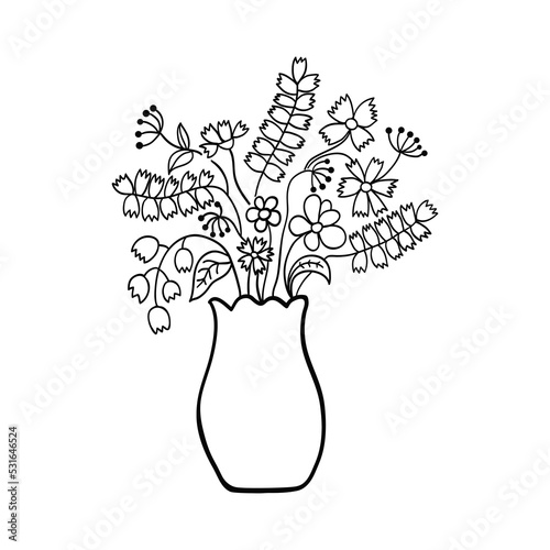 Bouquet of flowers in vase. Sketch hand drawn vector illustration